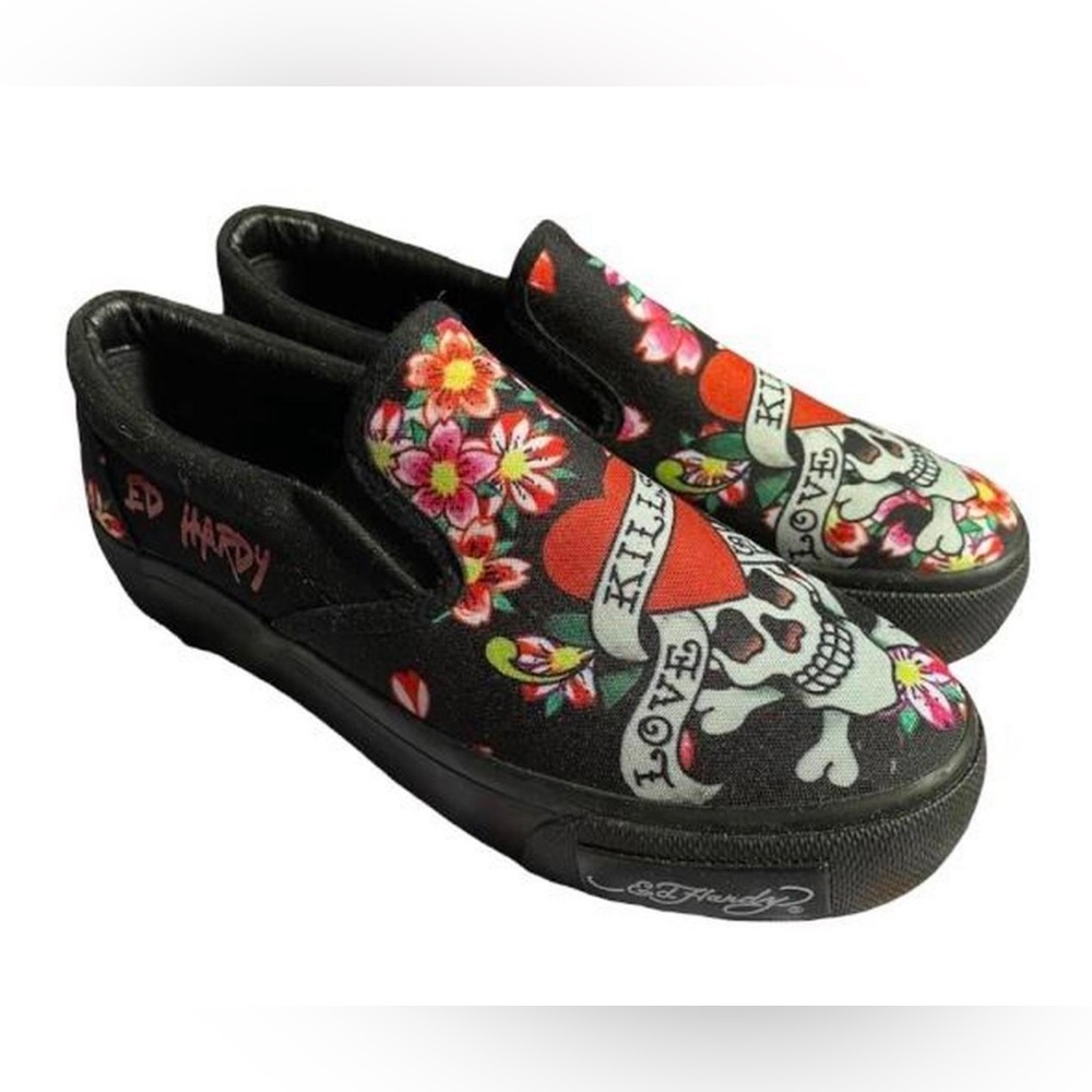 ED HARDY Poppy * LOVE KILLS SLOWLY * Black Canvas Slip-Ons Size:8.5